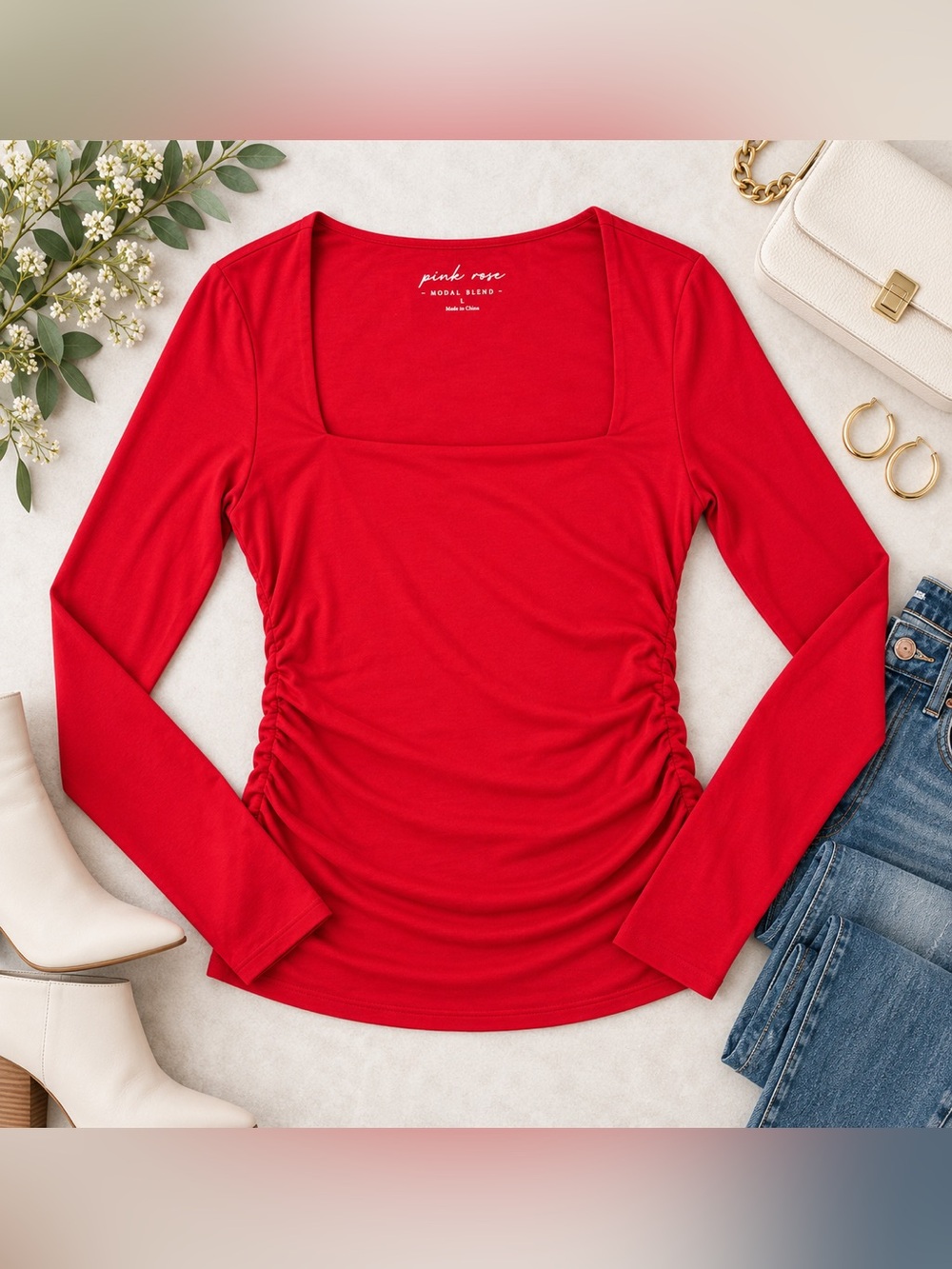 Pink Rose Red Square Neck Ruched Long Sleeve Modal Top L